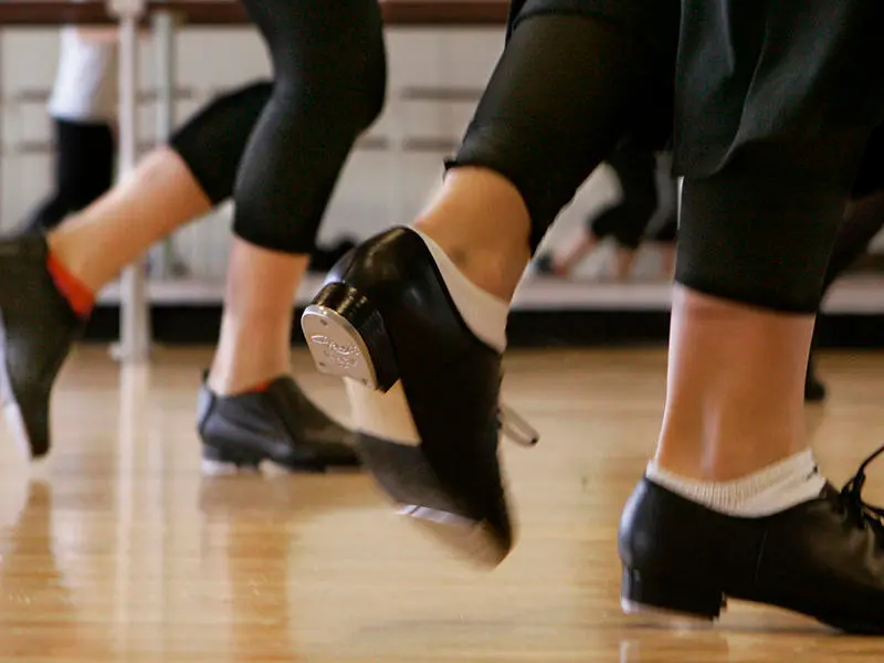 Close-up of tap shoes during an Oxbow Dance tap class