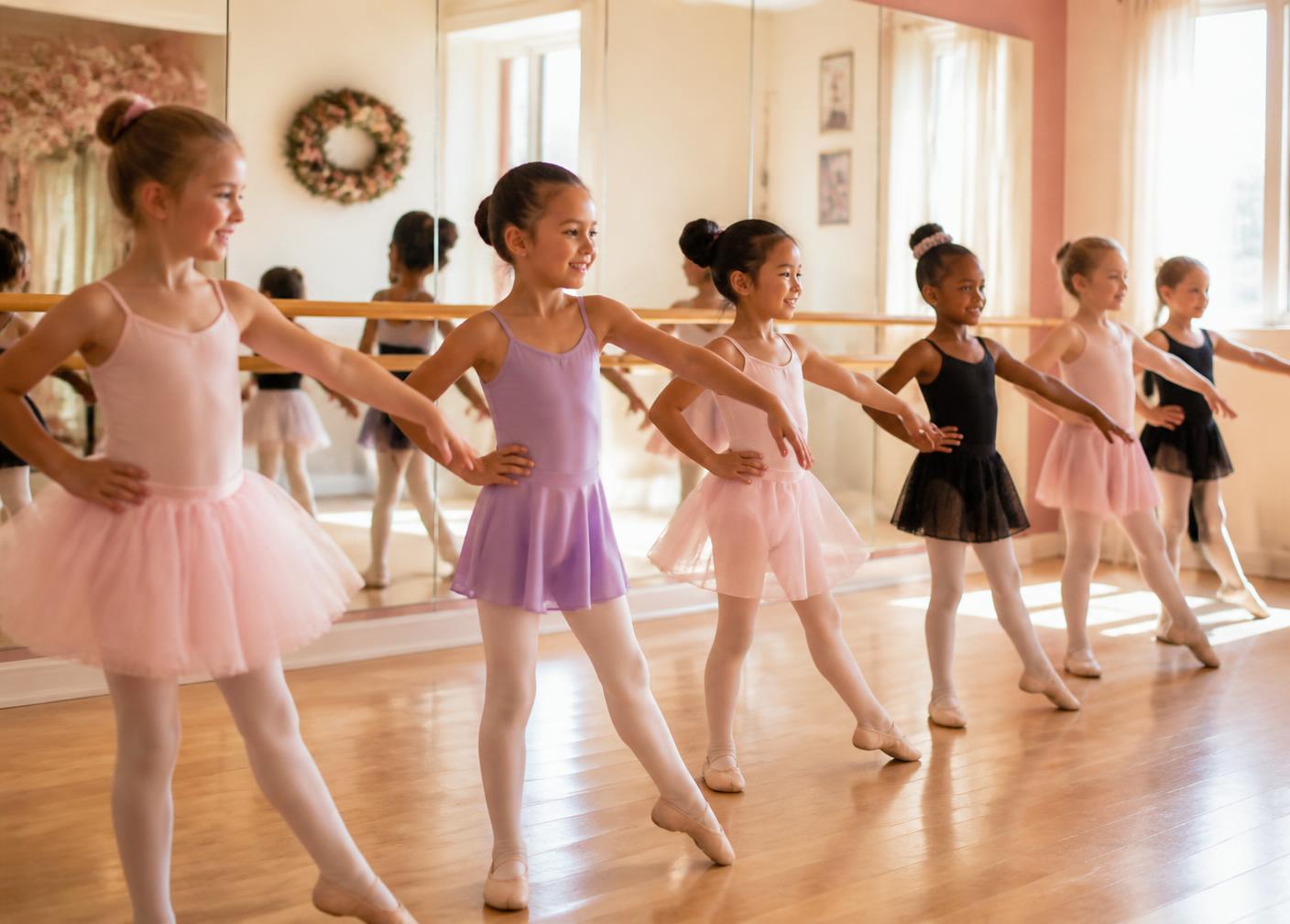 Children dancing together in a bright Oxbow Dance studio class